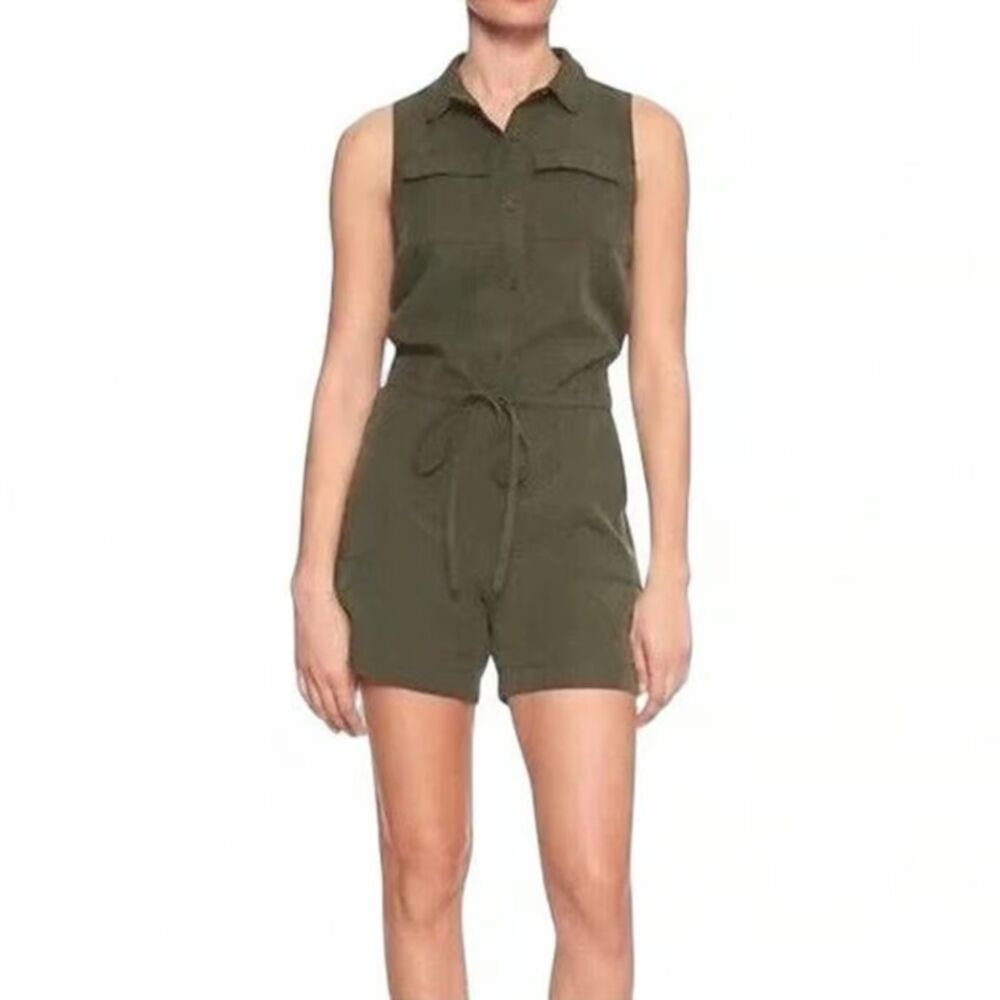 Banana Republic Olive Army Green Cinched Waist Sleeveless Utility Romper EUC